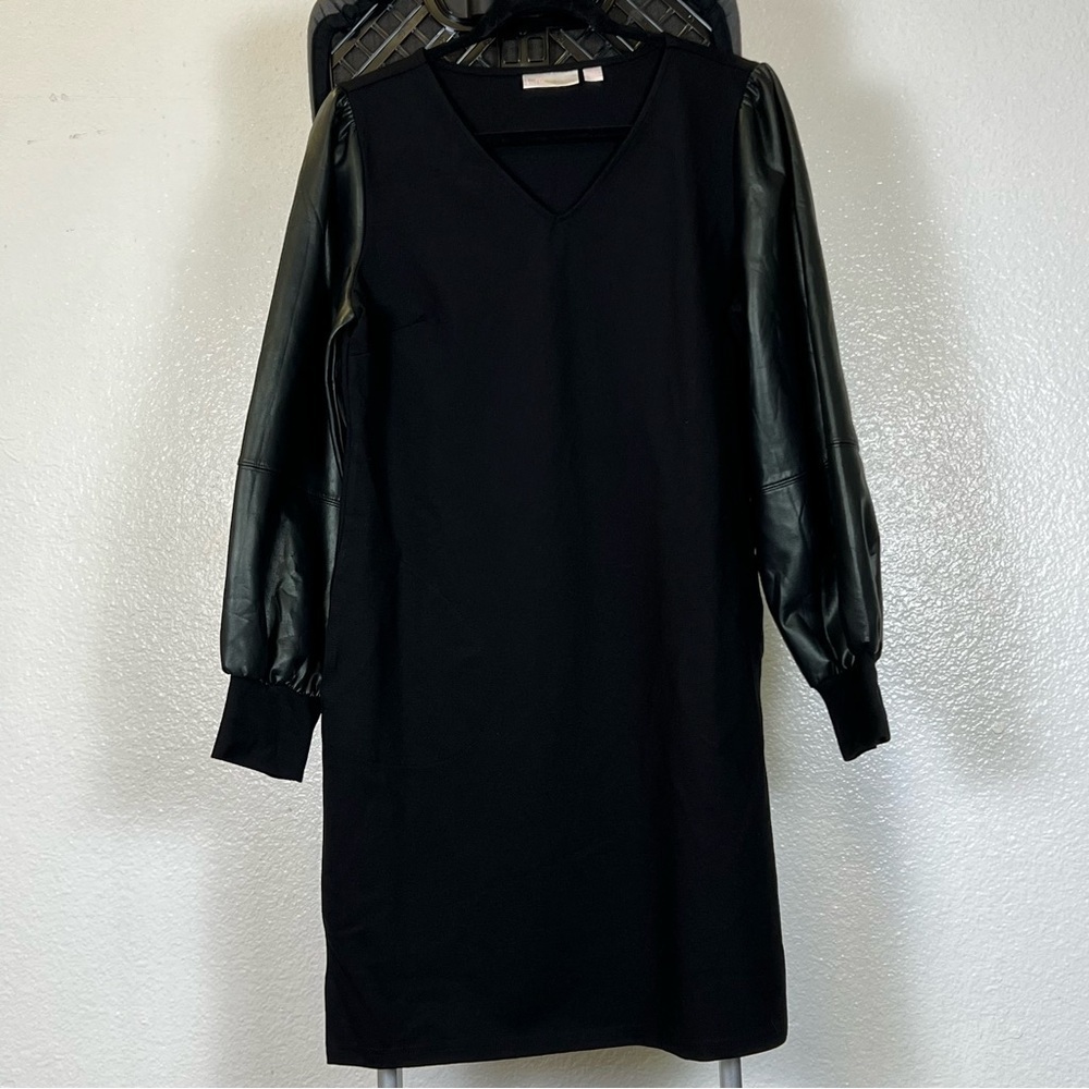 Belle by Kim Gravel Women’s V-Neck Black Faux Leather Mix Dress Size M